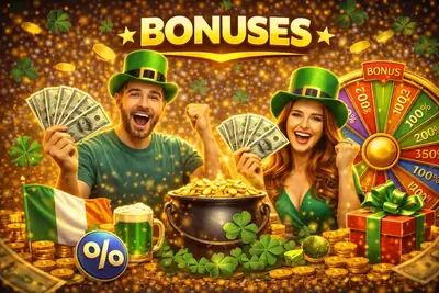St Patrick's Day themed casino bonuses with pot of gold and shamrocks