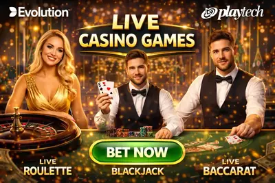 Premium live casino games powered by Evolution and Playtech with professional dealers