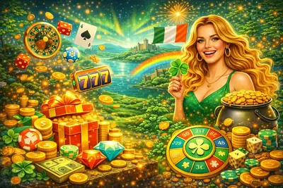 Lucky Irish themed casino with pot of gold shamrocks and roulette wheel