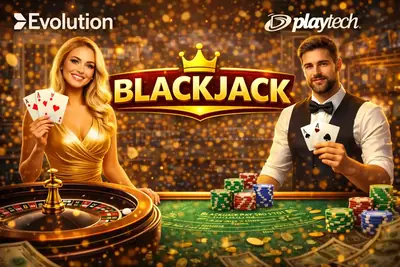 Elegant live blackjack game with Evolution and Playtech branding and professional dealers
