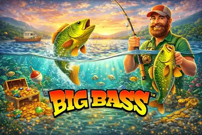 Big Bass fishing themed slot game with treasure chest and underwater scene
