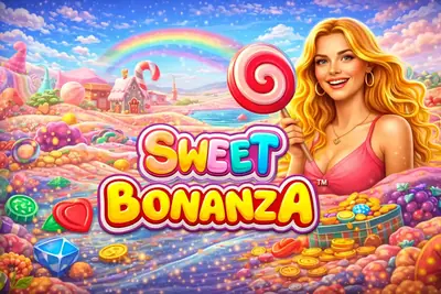 Colorful Sweet Bonanza slot with candy land theme and rainbow background